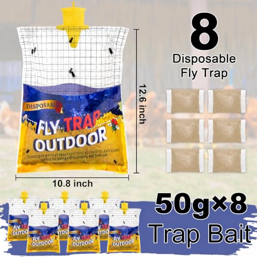 8 Big Fly Bags Outdoor Traps Hanging for Patio - Pre-Baited, Disposable | Fly Catcher Killer Repellent with 8*50g Bait for Outside in Chicken Coop, Horse Barns | Easy to use | Durable | Effective - size: 8 Pack