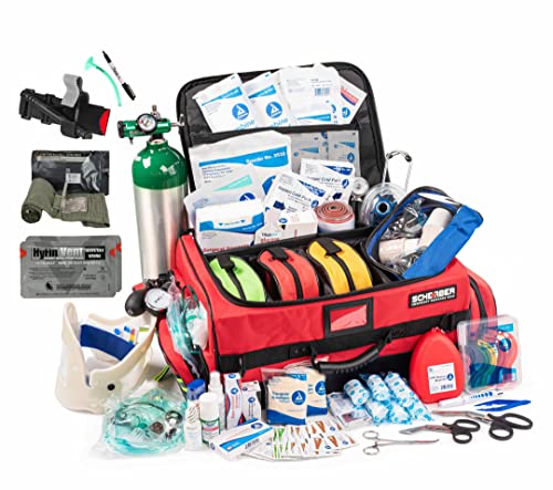 Scherber Fully-Stocked Premium First Responder Bag | HSA/FSA Approved | Large Pro EMT/EMS Trauma, Bleeding & Oxygen Medical Kit | CAT Tourniquet, HyFin Chest Seal & 250+ First Aid Supplies (Red) - color: Red