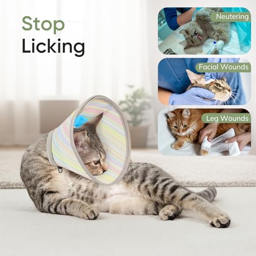 Supet Soft Cat Cone Collar to Stop Licking, Breathable Mesh Cone with Waterproof Liner Recovery Collar, for Kitten, Comfortable Elizabethan Alternative for Spay Neuter Grooming (S) - color: Rainbow and Blue, size: S