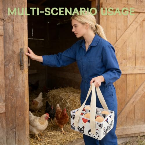 Eggs Collecting Basket, Large Egg Bags with 9 Pouches, Durable Canvas Egg Holder for Duck, Chicken, Goose Eggs(COLOR:White) - color: White