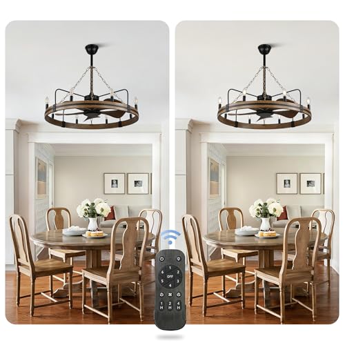 36" Wagon Wheel Chandelier with Fan 8-Lights Farmhouse Chandelier | Rustic Chandelier Ceiling Fan with Lights and Remote, for Dining Room Bedroom Living Room, Reversible Quiet DC Motor 6 Speeds - color: 36" Wagon Wheel