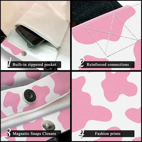 Canvas Tote Bag for Women，Cute Heavy-Duty Shoulder Bag with Zipper Pocket -Travel Tote for Grocery, Gym,Shopping - color: Pink Cowhide