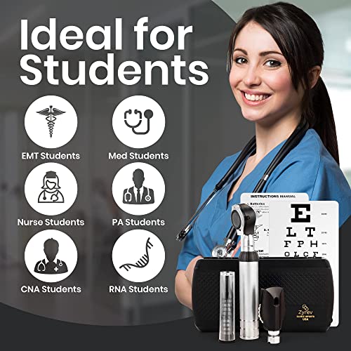 Zyrev Otoscope Oph Multi-Function Set - Otoscope/Opthalmoscope for Ear & Eye Examination - with Portable Carry Case, Sight Chart, Replacement Tips (Black)