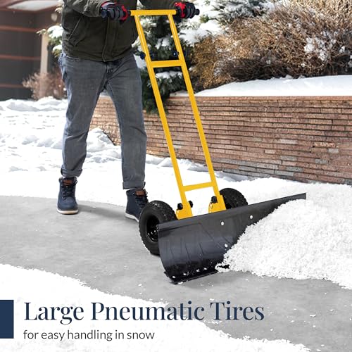 Best Choice Products 36in Galvanized Blade Heavy-Duty 2-Wheel Snow Pusher Hand Plow for Snow Removal w/Wheels, Adjustable Handle, Blade Angle - Yellow - color: Yellow, size: 36in w/Wheels
