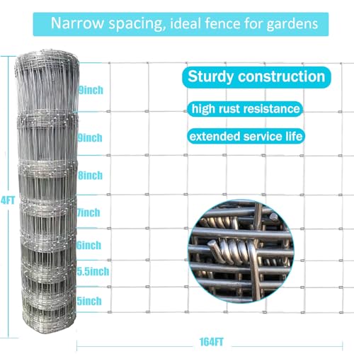 4ft x 164ft Galvanized Wire Fencing, Goat, Sheep & Deer, Durable Chain Link Fence, Heavy Zinc Coating Wire Used to Hog Goat Fencing for Yard Garden and Field