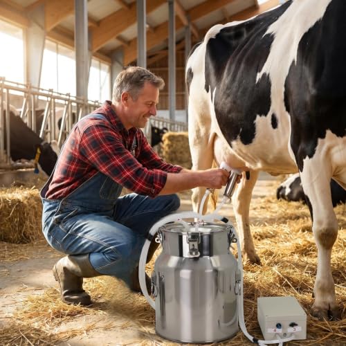 2-in-1 Goats and Cows Milking Machine Upgrade 3.7Gal/14L | Electric Adjustable Vacuum Pulsation Milker, 5200mAh Battery Built-in Rechargeable & Stainless Steel Bucket & 4 Cups (14L) - size: 14L
