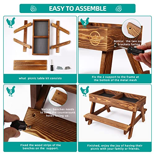 Chicken Table No Waste, Chicken Picnic Feeder Handmade Carbonized Wooden, Large DIY Chicken Feeder Kit, Wild Bird, Duck & Squirrel Feeders, Mesh Bottom Keep Food Fresh and Dry Easy to Clean and Fill - color: Carbonized Solid Wood