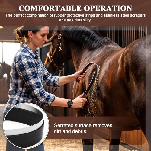 2 in 1 Horse Shedder Scraper with Rubber Edge Stainless Steel Horse Sweat Scraper Metal Dual Sided Equine Deshedding Blade, Grooming Curry Comb Tool for Cat Dog Removing Loose Hair Sweat