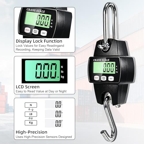 Digital Hanging Scale, 1100lb/500kg Crane Scale, Handheld | Mini Crane Scale with LCD Display and Hooks, Aluminum Alloy Body for Hunting, Outdoor, Fishing, Farm (Black) - color: Black-1100lb
