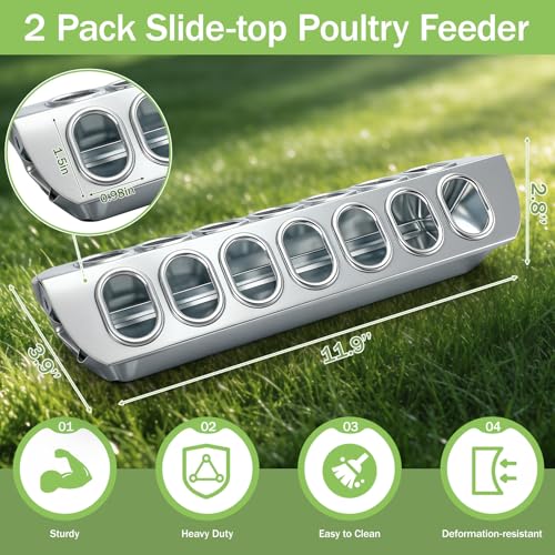 Potchen 2 Pcs Slide-top Poultry Feeder Durable Galvanized Metal Chicken Feeder Trough with Removable Top Trough Multi-Hole Tray for Pigeon Quails Duckling Birds Duck Chicken(12 Inch) - size: 12 Inch