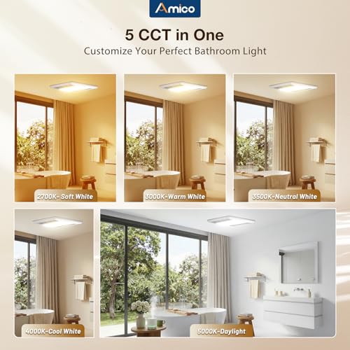 Amico Bathroom Exhaust Fan with LED Light, 110 CFM, 1.0 Sones, 5CCT, 90 CRI | 1000LM, Ceiling Mount Shower Ventilation Fan, No Attic Access Needed, 4 Inch Duct, 9.4'' x 9.4'' Ceiling Opening, ETL & FCC - size: 110 CFM