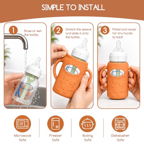 4 Pack Silicone Sleeves for Dr. Brown's Glass Baby Bottles, Anti Breakage Baby Bottle Sleeves Holder, Compatible with Dr. Brown's Anti-Colic Options+ Narrow Glass Baby Bottles, 4 oz/120 mL - color: Orange 4 Pack 4OZ