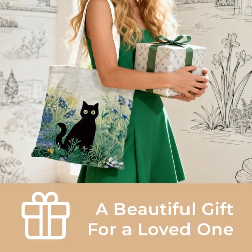 Cute Canvas Tote Bag for Women, Book Totebag with Zipper Pocket - color: Blact Cat Art