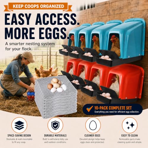 10 Pack Large Roll Away Chicken Nesting Boxes & 10 Washable Pads | Large Roll Away Design for Easy Egg Collection; Protective Perch Helps Prevent Egg Pecking; 10 Washable Nesting Pads