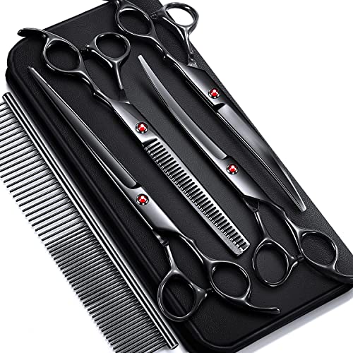 Gimars 7.0in Professional 4CR Stainless Steel Safety Round Tip 6 in 1 Dog Grooming Scissors Heavy Duty Titanium Coated Pet Grooming Scissor for Dogs, Cats and Other Animals - style: 7inch Black 6 in 1 Professional