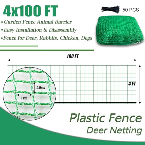 Garden Fence 4 x 100 FT,0.4" Mesh Plastic Fencing,50PCS Zip Ties | Deer Fence Temporary Fence Snow Fence Safety Fence,Construction Fencing for Yard,Rabbits,Chicken,Dogs,Animal Barrier,Green - size: 4ftx100ft
