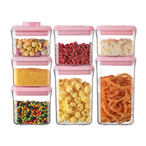 Airtight Food Storage Container - 7 Pcs One Button Handy Container Stackable Food Containers for Snacks Candy Salt Herbs Spices Coffee Bean Formula Popcorn BPA-Free Tight Seal - color: 7 Pcs Set Pink