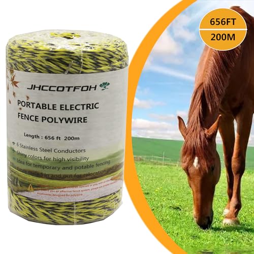 Electric Fence Polywire 656 Feet, 200 Meters 6 Conductors Portable Electric-Fence Rope for Reliable Conductivity and Rust Resistance - size: 656 Feet