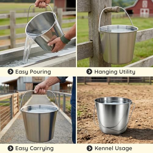 16 Quart Heavy Duty Stainless Steel Round Bucket with Arc-Shaped Handle, Metal Feed & Water Pail for Dogs, Horses, Livestock, Farm, Barn, Stable & Kennel - size: 16 Quart