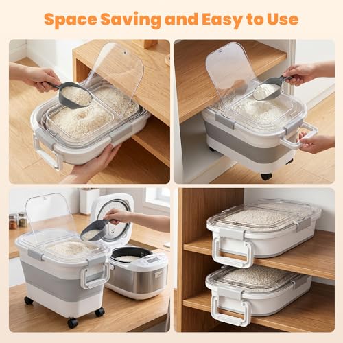 30 Lbs Rice Container, Collapsible Dog Food Storage Container | Airtight Cat Food Container with Wheels, Transparent Lid, Measuring Cup, Scoop and Handle, BPA Free for Pet Food, Bird Seed - size: 30lbs