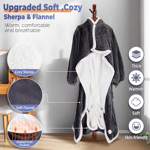 Wearable Heated Blanket with Foot Pocket, Electric Wearable Throw Blanket with Sleeves, Hood, Portable Heated Blanket with 8 Heat Settings, 1-10 Hours Auto Shut-off, Gift for Family, Friends, 50*70" - color: Grey