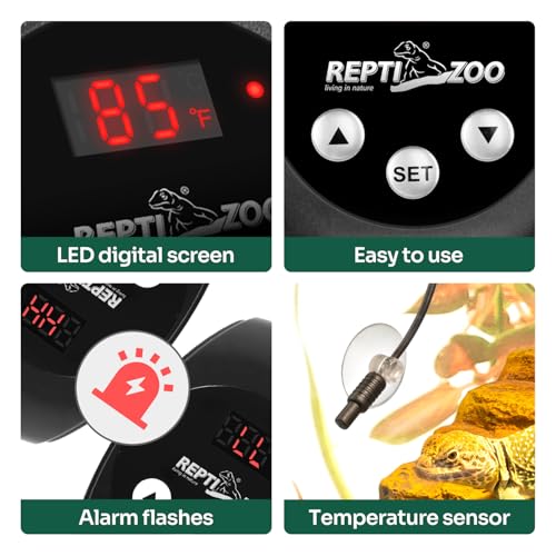 REPTI ZOO Reptile Light Fixture Dimming Thermostat Combo Pack, 8.5 Inch Deep Dome Lamp Fixture Max 150W, PID Reptile Thermostat Temperature Controller for Reptile Heat Lamp Bulb - size: 8.5 Inch