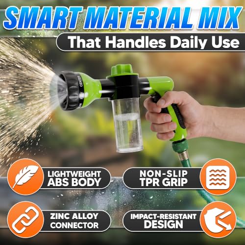 Car Wash Sprayer & Nozzle with Soap Dispenser, 3.5 oz Foam Tank (Green) | Hose Attachment for Car, Truck, and Dog Washing, Foam Control Dial, 8 Spray Patterns, Fits 3/4 In Hose, ABS Body, 2 O-Rings - color: Black, Green