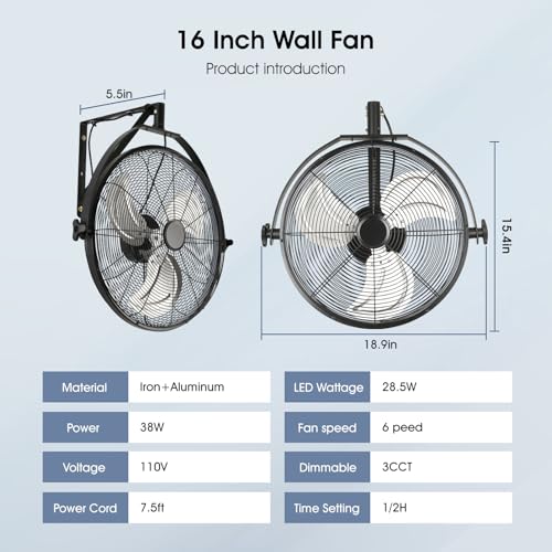 AHAWILL 16 Inch Wall Mount Fan with Lights,6-Speed High Velocity Wall Fan Dimmable Gazebo Fan,360°Adjustable Tilt Industrial Outdoor Fans for Patio,Garage,Workshop,Commercial,Black - size: 16 inch