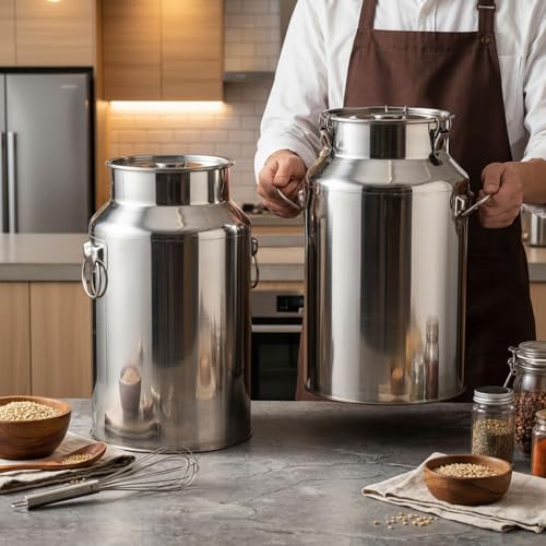 FillTouch 2 Pcs Stainless Steel Milk Can 35L/ 9.25 Gallon Heavy Duty Metal Milk Dispenser Container Pail Water Jug with Locking Sealed Lid Food Wine Oil Storage Container for Home Farm Kitchen - size: 35l