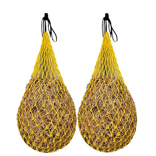 Majestic Ally 2 pcs Slow Feed 42” Hay Net for Horses, Strong Small 2x2” Holes, Nylon Rope Hanging, Adjustable Travel Feeder for Trailer and Stall, Simulates Grazing, Reduce Waste - color: Yellow