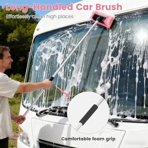Car Wash Brush with Long Handle, 60'' Soft Bristle Cleaning Brush, Car Cleaning Brushes, Carwash Brushes for SUV, RV, Boat, Truck, House Siding, Sweep Snow,Pink - color: Pink