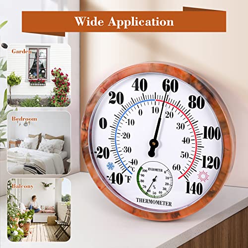 Outdoor Thermometer Hygrometer 10Inch Outdoor Thermometers for Patio | Large Numbers, 2 in 1 Thermometer Hygrometer, No Battery Needed Large Outside Thermometers for Patio (Brown) - color: Brown