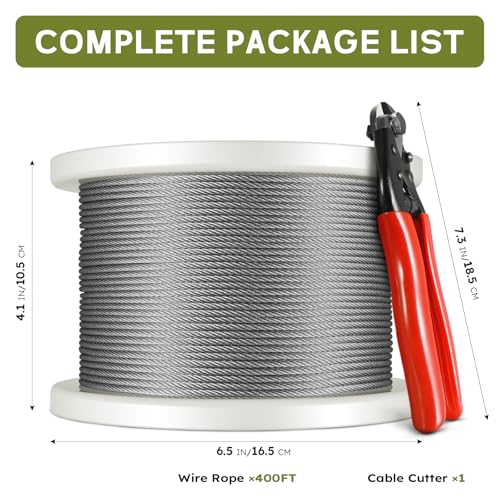 KALLDSY 400FT 1/8" Stainless Steel Cable for Railing, 7x7 Wire Rope | Marine-Grade T316 SS, High Strength, Flexible for Deck Cable Railing System Kit, DIY Balustrades, Comes with a Cutter - size: 400 ft