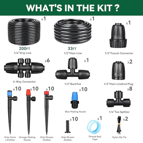 Drip Irrigation System for Garden, 2026-Upgraded Quick Connect Garden Watering Kit All-in-One with 1/2 inch 1/4 inch Irrigation Tubing for Garden, Lawn, Greenhouse, Raised Beds (233FT) - size: 233FT