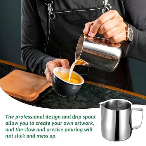 4 Pcs Milk Frothing Pitchers, 12 Oz 304 Stainless Steel Espresso Steaming Pitchers with Measuring Markers, Heat Resistant Rustproof Barista Pitcher Tools for Home, Coffee Shops (Silver)