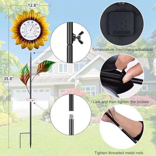 Outdoor Thermometers for Patio, 35.8" Tall Stake Sunflower Thermometer | Indoor Wall Mounted Thermometer Decorative for Yard Garden Pool Decor, Easy-Read, No Require Batteries - style: Sunflowers