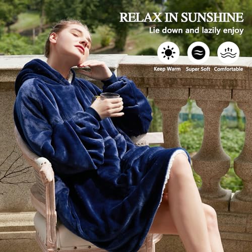 JOYWOO Navy Foldable Wearable Blanket Hoodie,Oversized Cat Lovers Sweatshirt Blanket for Adult, Birthday Gifts for Men,Dad,Husband Cozy Fuzzy Sherpa Hooded Blanket with Giant Pocket and Winter Gifts - color: Navy Blue, size: Foldable