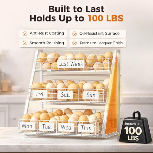 Sevenblue Egg Holder Countertop with 3 Pull-Out Tier Baskets, White | Sturdy Metal Frame, 5 Adjustable Dividers,7 Date Tags, Egg Basket for Gathering Fresh Eggs, Chicken Coop Accessories - color: White