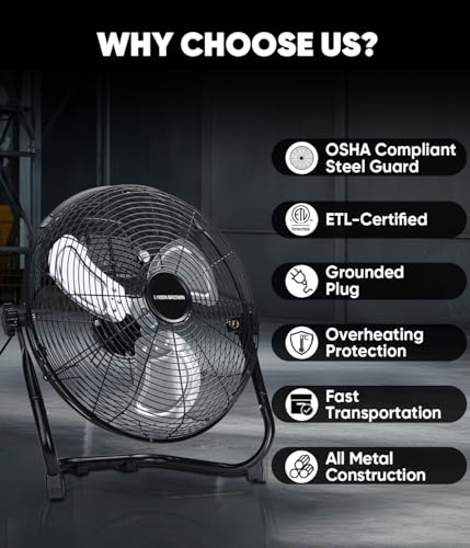 KEN BROWN 2300 CFM 14 Inch High Velocity Box Fan, Aluminum Blades Metal Floor Fan with 3 Speeds, 360° Tilt, Heavy Duty Metal, Cooling for Home Patio Industrial - size: 14 Inch Floor Fan