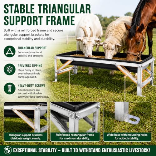 9.2 Gal Livestock Feed Trough with Stand, Heavy Duty Galvanized Steel Goat Feeder Trough for Sheep Horse Cattle, Raised Large Capacity Farm Animal Feeding Pan - color: Silver+Black