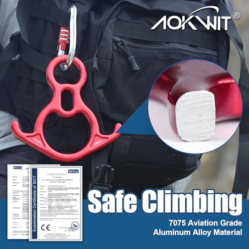 50KN Rescue Figure, 8 Descender Large Bent-Ear Belaying and Rappelling Gear Belay Device Climbing for Rock Climbing Peak Rescue 7075 Aluminum Alloy - color: Black + Red