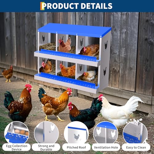 Chicken Nesting Box, 6 Compartment Galvanized Steel Chicken Laying Boxes, Heavy Duty Rustproof Chicken Coop with Easy Egg Collection for Backyard Farms - Wall Mountable, Blue