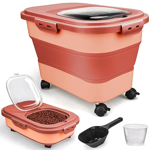 Viretec Dog Food Storage Container, 10-20Lbs Collapsible Pet Food Storage Containers with Rolling Wheel Airtight Locking Lid, Dry Food Storage Bin with Cup and Scoop,Suitable for Pet Food, Rice, Flour - color: Pink