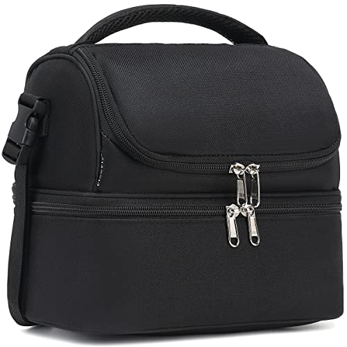 FlowFly Double Decker Cooler Insulated Lunch Bag Large Tote for Boys, Girls, Men, Women, With Adjustable Strap,Black - color: Black