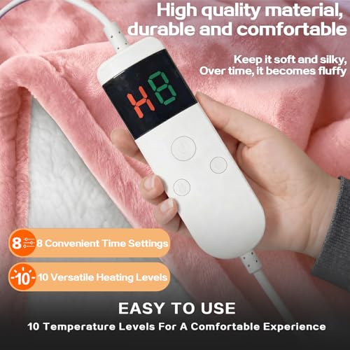 Wearable Heated Blanket With Sleeves & Foot Pocket, Heated Throw Blankets Fast Heating Blanket With 10 Heat Settings Auto Shut Off Over-Heat Protection-Warm Gift, Machine Washable, 52”*72”+18” - color: Pink