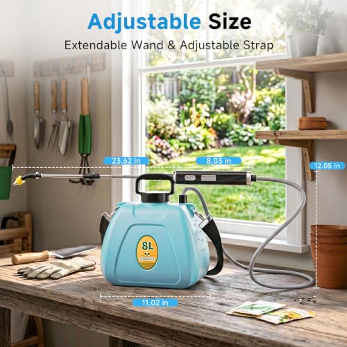 Battery Powered Garden Sprayer 2 Gallon, 7.4V Rechargeable Weed Sprayer with 3 Pressure Mode, 5 Spray Nozzles, Telescopic Wand, Battery Indicator, Adjustable Strap for Lawn Garden, Blue - color: Blue