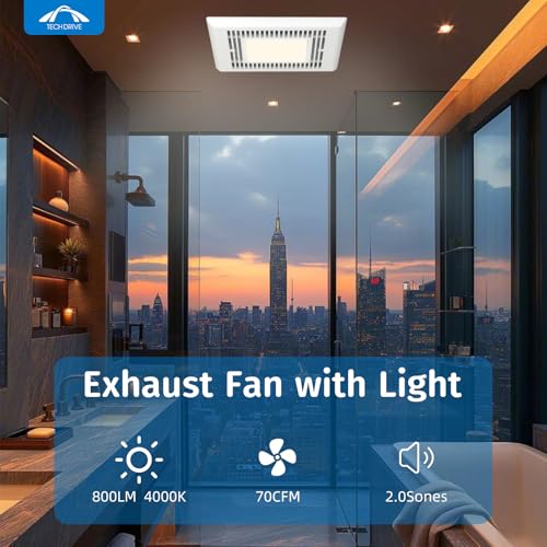 Tech Drive Bathroom Fan with light,Very-Quiet 70 CFM, 2.0 Sone,3 Inch Duct | 600LM 4000K LED light, Ceiling Mounted Ventilation Fan,Easy to Install for Bathrooms Up to 75 Sq. Ft - size: 70CFM with LED Light