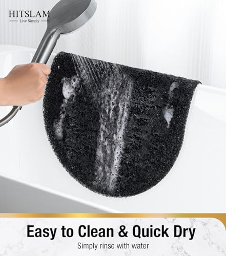 HITSLAM Oval Loofah Shower Mat Non Slip, 27x16 Inch, Black | Bath Mat for Textured Tub & Inside Shower Stall, No Suction Cups Quick Drying PVC Porous Floor Mat, Soft Foot Exfoliating - color: Black