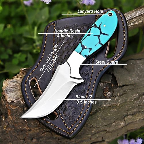 Custom Handmade 7'' fixed blade hoof rasp knife Cow boy knife Turquoise Handle Damascus steel Bull cutter, cowboy knives with pancake leather sheath (BLUE RESIN) - color: BLUE RESIN