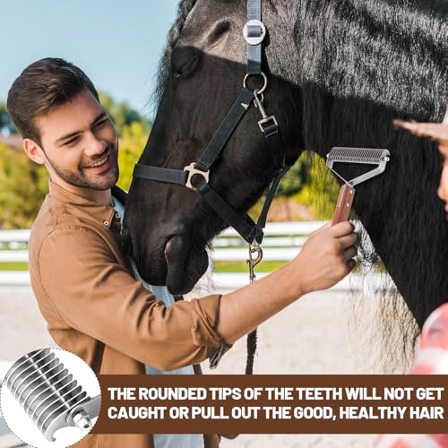 Abbylike Livestock Shedding Comb Grooming Dematting Brush Shedding Undercoat Rake for Cattle Horse Goat Cow Pets with 27 Stainless Steel Blades and Wood Handle - style: 1-sided